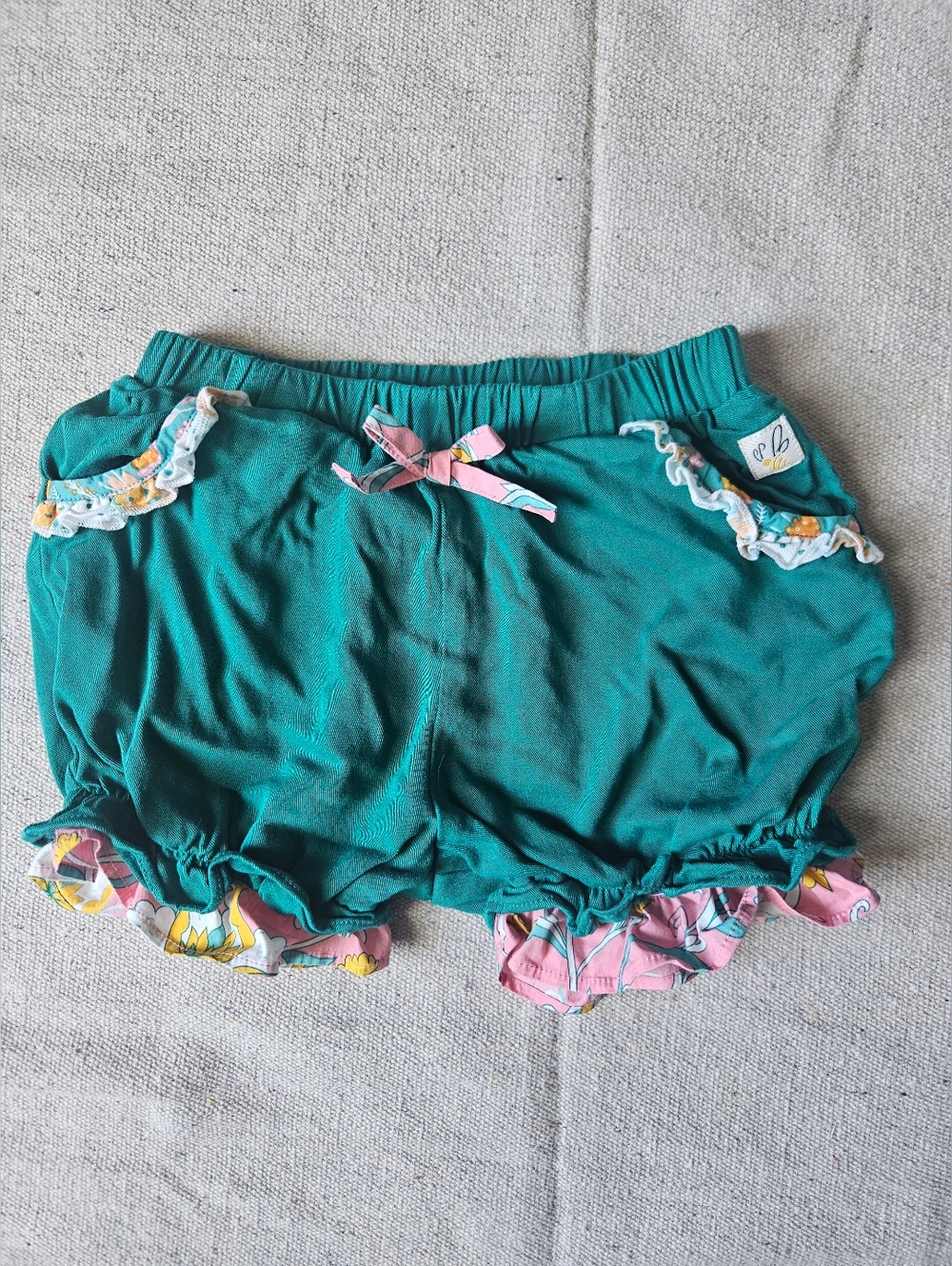 Wildflowers Teal Ruffle Shorts with Pink Floral Trim